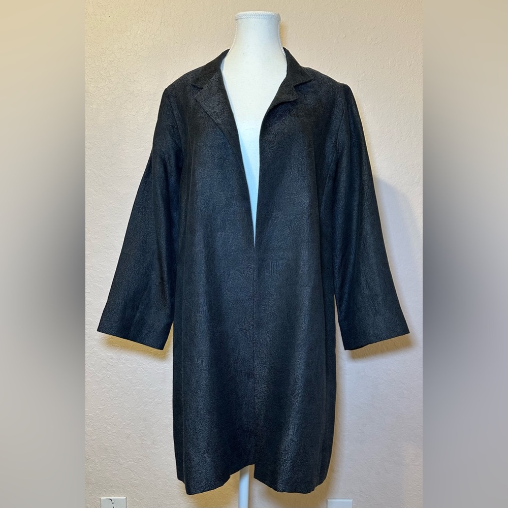 Eileen Fisher linen silk blend coat jacket blazer lightweight black grey texture
